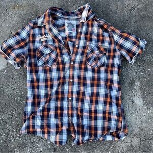 Vintage Decibel Unisex Casual Blue and Orange Mechanics Plaid Shirt fits Size M
